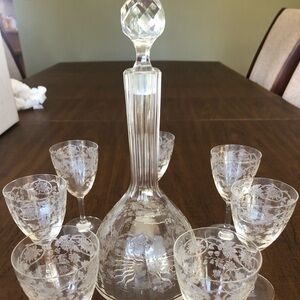 Vintage Etched Crystal Decanter and Glass set